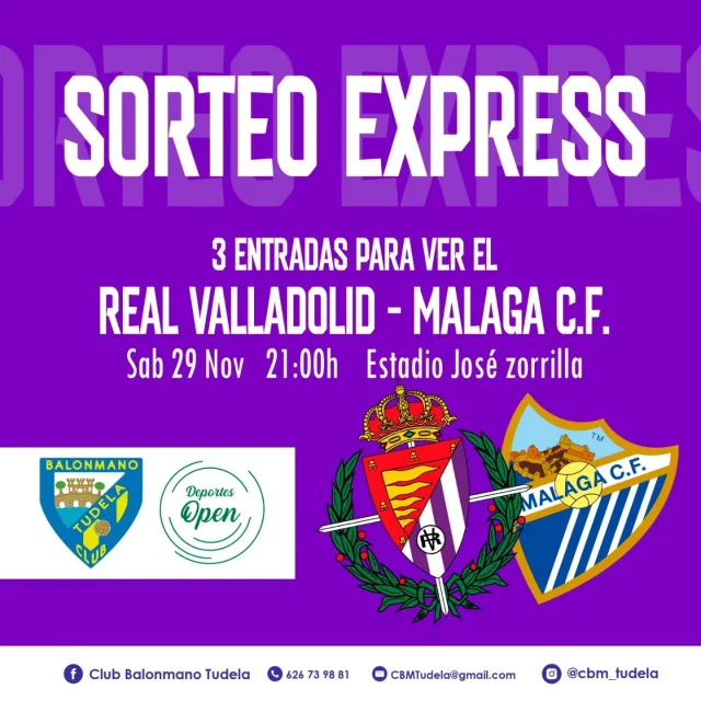 🟣⚪SORTEO ENTRADAS REAL VALLADOLID ⚪🟣

🚨🚨El Club Balonmano Tudela y Deportes Open sortean entre todos sus seguidores tres entradas para el partido de esta noche entre el @realvalladolid y el @malagacf 

Para participar:

🟡Seguir a @cbm_tudela y @deportes.open
🔵Dar Me Gusta a esta publicación.
🟡Etiquetar a dos personas en los comentarios ,(cuántas más veces, más opciones de ganar) 

⌛Tenéis hasta las 17:00h para participar. A esa hora anunciaremos al ganador en Stories.

Muchas suerte a todos.

1...2...3...¡TUDELA!💛💙💪🏻🤾🏻