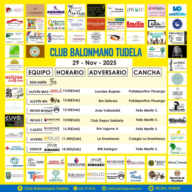 🟡🔵FESTIVAL EN CASA🟡🔵

Este finde semana, tercera jornada de nuestros alevines. Mientras las demás categorías defenderán el Félix Martín Serna como si de un fortín se tratase, excepto los juveniles, que jugarán un triangular contra La Enseñanza y el frio.

👥 Alevín Masculino
📍 Polideportivo Pisuerga
🗓️ 29/11
🕒 13:00
💥 CBM Tudela @pizze_capriccio  VS Lourdes-Bujedo

👥 Alevín Mixto
📍 Polideportivo Pisuerga
🗓️ 29/11
🕒 12:00
💥 CBM Tudela @cafebargoya VS BM Delicias

👥 Infantil Masculino
📍 Félix Martín S.
🗓️ 29/11
🕒 12:30
💥 CBM Tudela Hnos. G Del Hierro VS Aula Valladolid

👥 Infantil Femenino
📍 Félix Martín S.
🗓️ 29/11
🕒 10:00
💥 CBM Tudela @fontclyma VS Club Depor Saldaña

👥 Cadete
📍 Félix Martín S.
🗓️ 29/11
🕒 16:30
💥 CBM Tudela @marcave_sl  VS BM Laguna A

👥 Juvenil
📍 Colegio La Enseñanza
🗓️ 29/11
🕒 11:30
💥 CBM Tudela @ouc_construcciones  VS La Enseñanza

👥 Senior
📍 Félix Martín S.
🗓️ 29/11
🕒 18:30
💥 CBM Tudela Simasec VS BM Sariegos

1...2...3...¡TUDELA!🟡🔵💪🤾