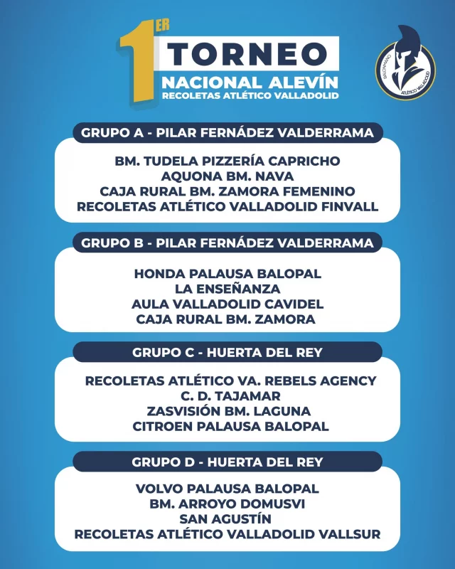 🟡🔵1rer Torneo Nacional Alevín Recoletas Atlético Valladolid🔵🟡

Este fin de semana nuestros alevines se van de torneo, pero no demasiado lejos. Participarán en el 1rer Torneo Nacional Alevín organizado por Recoletas Atlético Valladolid.

Nuestros peques jugarán en el Grupo A cuya sede es el Polideportivo Pilar Fernández Valderrama. 

¡Mucha suerte y a disfrutarlo!

1...2...3...¡TUDELA!💛💙💪🤾‍♂️