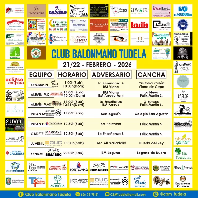 🟡🔵¡DERBI!🔵🟡

Señores, estamos en semana de clásico. Ni Barsa - Kiel, ni Valladolid - Ademar. Donde esté un buen Laguna - Tudela que se quite todo eso. 

Por lo demás, dos partidos en casa el sábado por la mañana y otros dos el domingo con las jornadas de Diputación de Valladolid.

👥 Benjamín
🗓️21/02
⌚09:00
📍 Polideportivo Cristóbal Colon
💥 @dondechuchitudeladeduero Cbm Tudela 🆚 LA ENSEÑANZA - A

👥 Benjamín
🗓️22/02
⌚10:00
📍 Polideportivo Viana de Cega
💥Donde Chuchi Cbm Tudela 🆚 Balonmano Viana

👥 Alevín MIXTO
📍 Polideportivo LA NAVA
🗓️ 21/02
⌚13:00
💥 BM Viana 🆚 @pizze_capriccio  Cbm Tudela

👥 Alevín MIXTO
📍 Polideportivo San Roque Félix Martín Serna
🗓️ 22/02
⌚10:00
💥 BM Arroyo Fem 🆚 Pizzeria Capriccio Cbm Tudela

👥 Alevín MASCULINO
📍 Polid. GONZALO DE BERCEO
🗓️21/02
⌚11:00
💥 La Enseñanza INF 🆚 @cafebargoya Cbm Tudela

👥 Alevín MASCULINO
📍 Polideportivo San Roque Félix Martín Serna
🗓️ 22/02
⌚12:15
💥 BM Arroyo Masc 🆚 Café Bar Goya Cbm Tudela

👥 Infantil Masc
🗓️ 21/02
⌚ 12:00
📍 Polideportivo Colegio San Agustín
💥 San Agustín 🆚 Hnos. G del Hierro CBM Tudela 

👥 Infantil Femenino 
🗓️21/02
⌚10:30
📍 Polideportivo San Roque Félix Martín Serna 
💥 @fontclyma Cbm Tudela🆚 Óptica Ramos Bm Palencia Femenino

👥 Cadete 
🗓️21/02
⌚12.30
📍 Polideportivo San Roque Félix Martín Serna
💥 @marcave_sl CBM Tudela 🆚 La Enseñanza b

👥 Juvenil
🗓️21/02
⌚13:00
📍 Polideportivo Huerta del Rey
💥  Recoletas Atlético Valladolid 🆚 @ouc_construcciones CBM Tudela

👥 Senior
🗓️21/02
⌚20:00
📍 Polideportivo Laguna de Duero
💥Bm Laguna🆚 SIMASEC CBM Tudela

1...2...3...¡TUDELA!💛💙💪🤾‍♂️