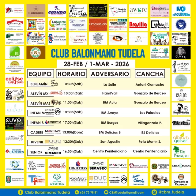 🔵🟡JUVENILES FRENTE AL MUNDO🔵🟡
Finde semana movido, con muchos partidos este sábado fuera de Tudela. Los juveniles tendrán la tarea de defender el fuerte, las infantiles viajan a Burgos y el senior visitará  el Centro Penitenciario a la hora del café.

 Ya el domingo por la mañana los cadetes jugaran en el instituto Delicias para cerrar la jornada.

👥Benjamín 
🗓️28/02
⌚10:30
📍 Polideportivo Antonio Garnacho💥CBM TUDELA @dondechuchitudeladeduero 🆚LA SALLE - HISPANO

👥 Alevín MIXTO
📍 Polideportivo GONZALO DE BERCEO
🗓️ 28/02
⌚10:00
💥 HandVall 🆚  @pizze_capriccio Cbm Tudela

👥 Alevín MASCULINO
📍 Polid. GONZALO DE BERCEO
🗓️28/02
⌚11:00
💥 AULA MASCULINO 🆚 @cafebargoya Cbm Tudela

👥 Infantil masculino
📍 Polideportivo Los Palacios 
🗓️ 28/02
🕒 10:30
💥 HNOS. Gómez del Hierro Cbm Tudela 🆚 Desatascos La  Flecha BM. Arroyo

👥 Infantil femenino 
🗓️28/02
⌚17:00
 📍municipal Villa Gonzalo de Pedernales
💥Bm Burgos 🆚 @fontclyma Fontclyma Cbm Tudela

👥 Cadete masculino
🗓️ 01/03
⌚13:00
📍 IES Delicias 
💥cdbm Delicias B 🆚 @marcave_sl Marcave CBM Tudela

👥 Juvenil masc
🗓️28/02
⌚12:30
📍 Polideportivo San Roque-Félix Martín Serna
💥 @ouc_construcciones CBM Tudela 🆚 Colegio San Agustín

👥 Senior masculino
🗓️28/02
⌚16:30
📍 Centro penitenciario
💥Simasec CBM Tudela 🆚 Centro Penitenciario

1..2...3...¡TUDELA!🔵🟡🤾💪