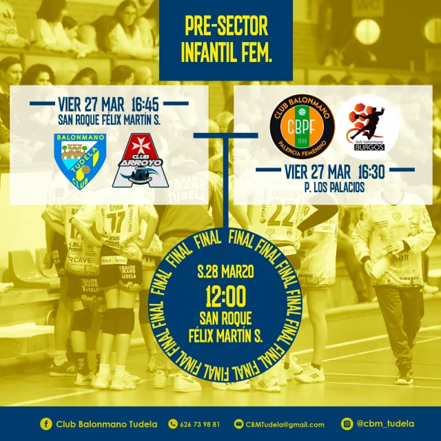 🟡🔵Presector Infantil Femenino🟡🔵

Por si alguien no se ha enterado le ponemos en situación. Nuestras chicas del @fontclyma CBM Tudela se han clasificado para la fase previa del campeonato Castilla y León al haber quedado en cuarta posición del Grupo B.

La noticia es que esta fase se va a celebrar este fin de semana en Tudela, entre el viernes y el sábado. El balonmano Arroyo será nuestro rival a batir en semis para poder llegar a la final del sábado en el Félix Martín Serna.

Estos son los horarios del campeonato.

⚫⚫SEMIFINAL 1⚫⚫
 💥@fontclyma CBM Tudela - Aludolid BM Arroyo
⌚16:45H
🗓Viernes 27 de Marzo
📍Polideportivo San Roque Félix Martín Serna

⚫⚫SEMIFINAL 2⚫⚫
 💥BM Palencia Fem - Archiceramica BM Burgos
⌚16:30H
🗓Viernes 27 de Marzo
📍Polideportivo Los Palacios

🏆🏆FINAL🏆🏆

 💥Ganador SEMI 1 - Ganador SEMI2
⌚12:00H
🗓Sábado 28 de Marzo
📍Polideportivo San Roque Félix Martín Serna

Nuestras chicas os necesitan. ¡Vamos a animarlas!

1...2...3...¡TUDELA!💛💙💪🤾‍♂️