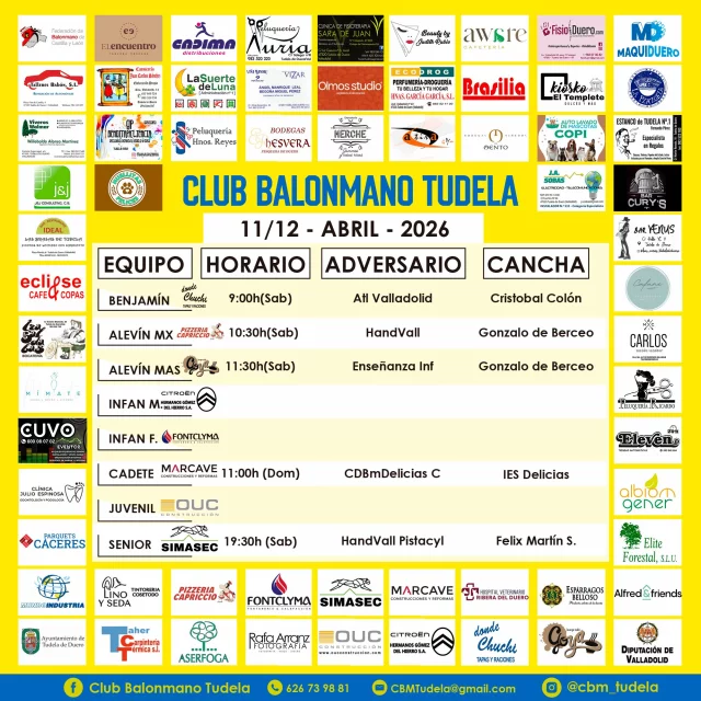 🟡🔵La primavera al balonmano altera🔵🟡

Con la llegada del buen tiempo los horarios se vuelven locos. A día de hoy tenemos la siguiente situación: La base sigue como siempre, jugando los sábados y a veces los domingos, y al senior le quedan dos partidos para acabar la liga.

Las cosas interesantes están en medio. Ambos infantiles están a la espera de nuevas competiciones federadas, al igual que el juvenil. El cadete juga este domingo contra el Balonmano Delicias y la próxima jornada disputará en Aranda la fase previa del sector de Castilla y León.

De momento, este es el plan.

👥 Benjamin
📍Polid. Cristobal colon
🗓️ 11/04
⌚️09:00
💥 Atl Valladolid 🆚 @dondechuchitudeladeduero Cbm Tudela

👥 Alevín MIXTO
📍Polid. Gonzalo Berceo
🗓️ 11/04
⌚10:30 
💥 Hand Vall 🆚 Pizze Capriccio Cbm Tudela

👥 Alevín MASCULINO
📍 Pol. Gonzalo Berceo
🗓️ 11/04
⌚11:30
💥 Enseñanza Inf 🆚 @cafebargoya Cbm Tudela

👥 Cadete masculino
🗓️ 12/04
⌚11:00
📍 IES Delicias
💥 CDBmDelicias C 🆚 @marcave_sl CBM Tudela

👥 Segunda Nacional B masculino
🗓️ 11/04
⌚19:30h
📍 P. Félix Martín Serna
💥Simasec CBM Tudela 🆚 Handvall Pistacyl

1...2...3...¡TUDELA!💛💙💪🤾‍♂️