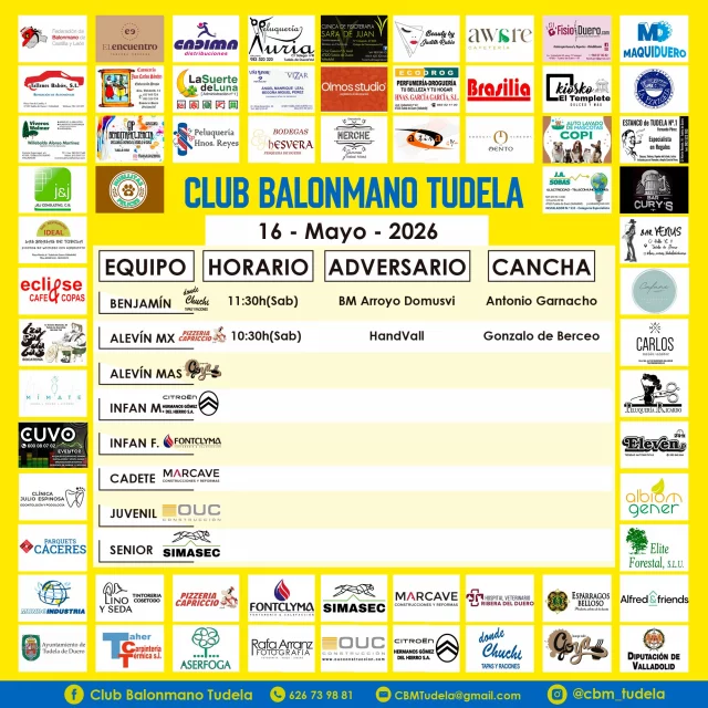 🟡🔵¿La ultima?🔵🟡

Todas las categorías están disfrutando de haber terminado la competición. ¿Todas?¡No! Unos equipos formados por irreductibles alevines y benjamines resisten, todavía y como siempre al fin de la competición.

👥 Benjamín
📍 Polideportivo Antonio Garnacho
🗓️ 16/05
⌚11:30
💥BM ARROYO DOVUSMI 🆚 BM TUDELA - @dondechuchitudeladeduero 

👥 Alevín MIXTO 
📍 Polideportivo GONZALO DE BERCEO (Rondilla)
🗓️ 16/05
⌚10:30
💥 HandVall 🆚 @pizze_capriccio CBM Tudela

1...2...3...TUDELA💛💙💪🤾‍♂️
